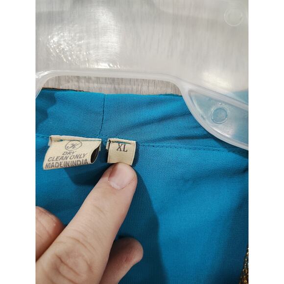 Indian Blue Sequin Jeweled Gold XL Embroidered Tunic Top Turquoise Ornate Saree - Picture 6 of 8